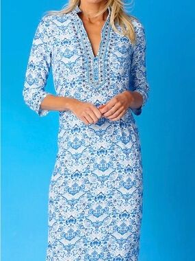 NicoBlu Shalimar Long Tunic Dress featuring a navy jewel embellishment.. 8 EUC.